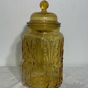 Vintage LE Smith Amber Atterbury Scroll 10” Glass Canister